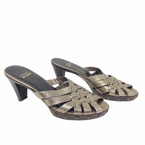 Stuart Weitzman Pewter Woven Leather Sandals 7 studded peeptoe heels